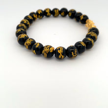 Load image into Gallery viewer, 24K Gold Piyao Pixiu Lucky Charm Dragon Bracelet Onyx Gemstones 8mm - Rafant
