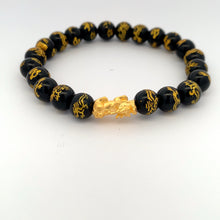 Load image into Gallery viewer, 24K Gold Piyao Pixiu Lucky Charm Dragon Bracelet Onyx Gemstones 8mm - Rafant
