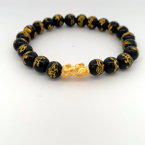 24K Gold Piyao Pixiu Lucky Charm Dragon Bracelet Onyx Gemstones 8mm - Rafant
