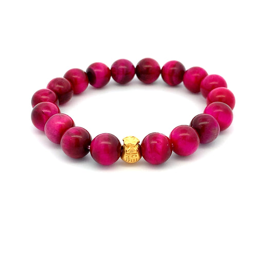 24K Gold Money Bag Lucky Charm Bracelet Pink Tiger's Eye Gemstones 10mm - Rafant