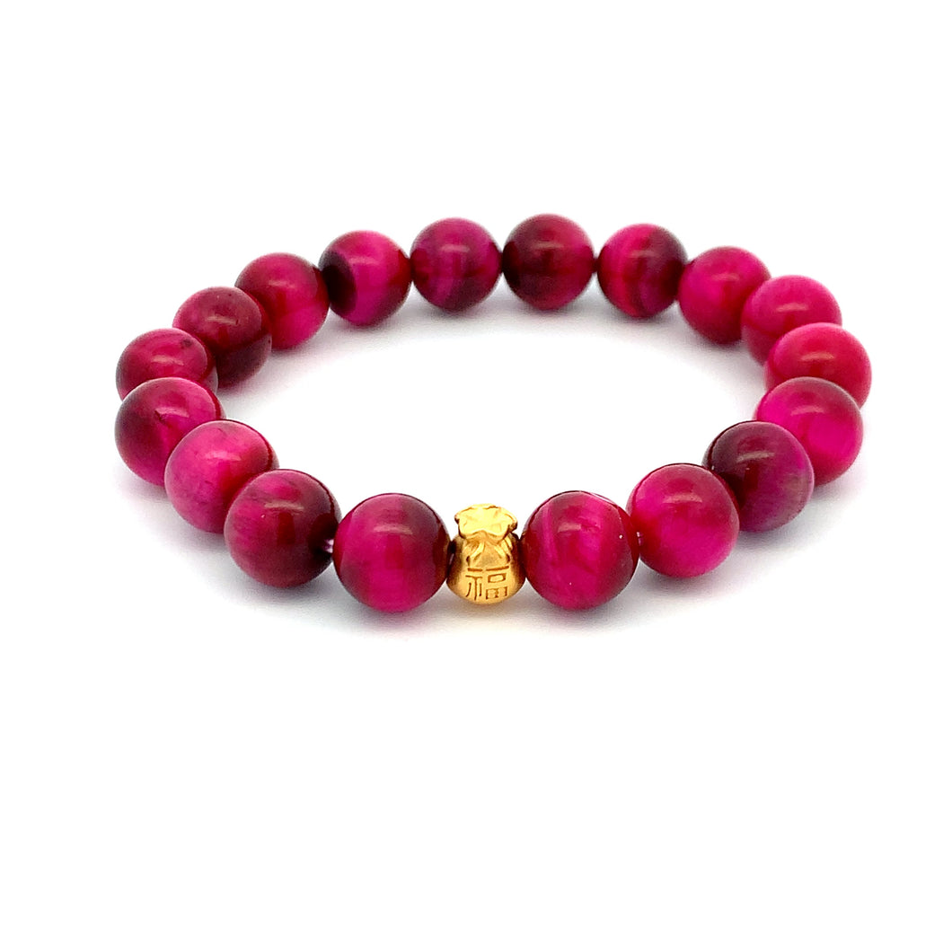 24K Gold Money Bag Lucky Charm Bracelet Pink Tiger's Eye Gemstones 10mm - Rafant