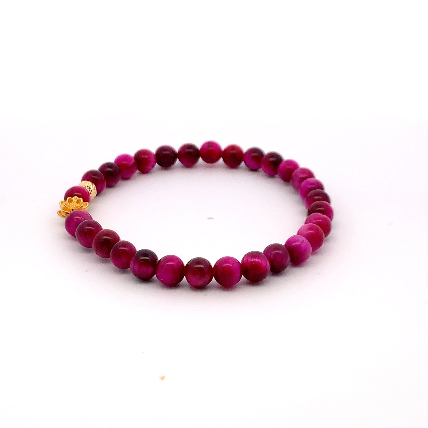 24K Gold Lotus Lucky Charm Bracelet Pink Tiger's Eye Gemstones 5-6mm - Rafant