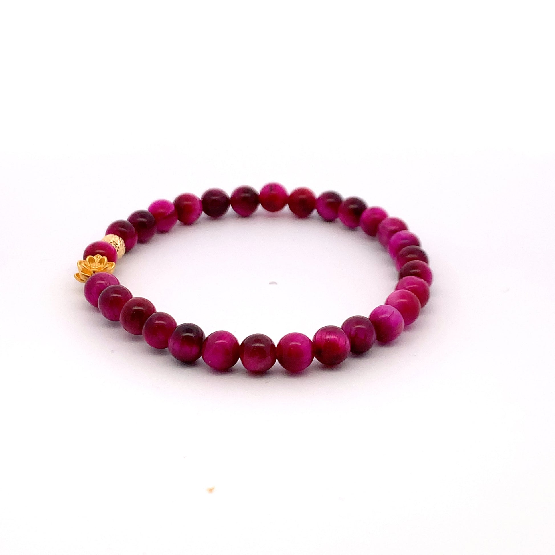 24K Gold Lotus Lucky Charm Bracelet Pink Tiger's Eye Gemstones 5-6mm - Rafant