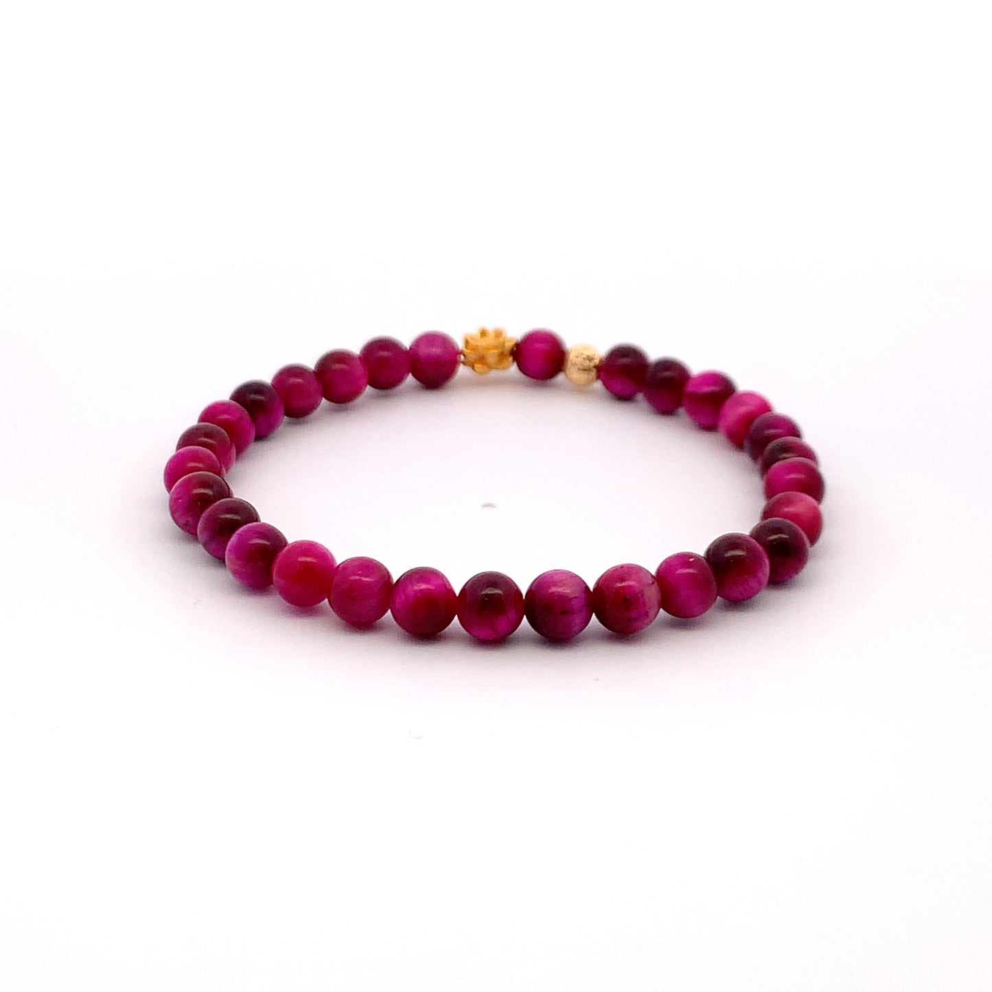 24K Gold Lotus Lucky Charm Bracelet Pink Tiger's Eye Gemstones 5-6mm - Rafant