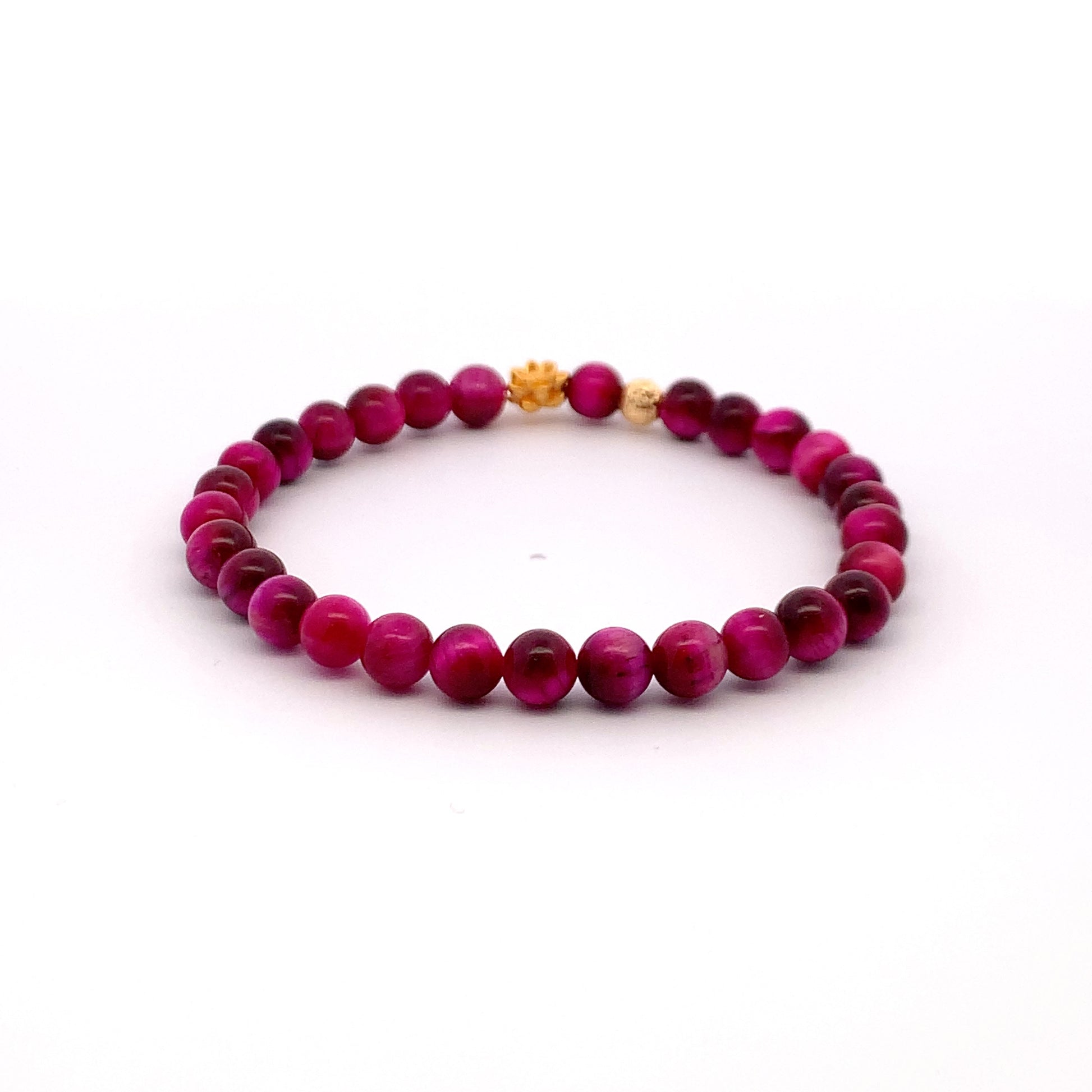 24K Gold Lotus Lucky Charm Bracelet Pink Tiger's Eye Gemstones 5-6mm - Rafant