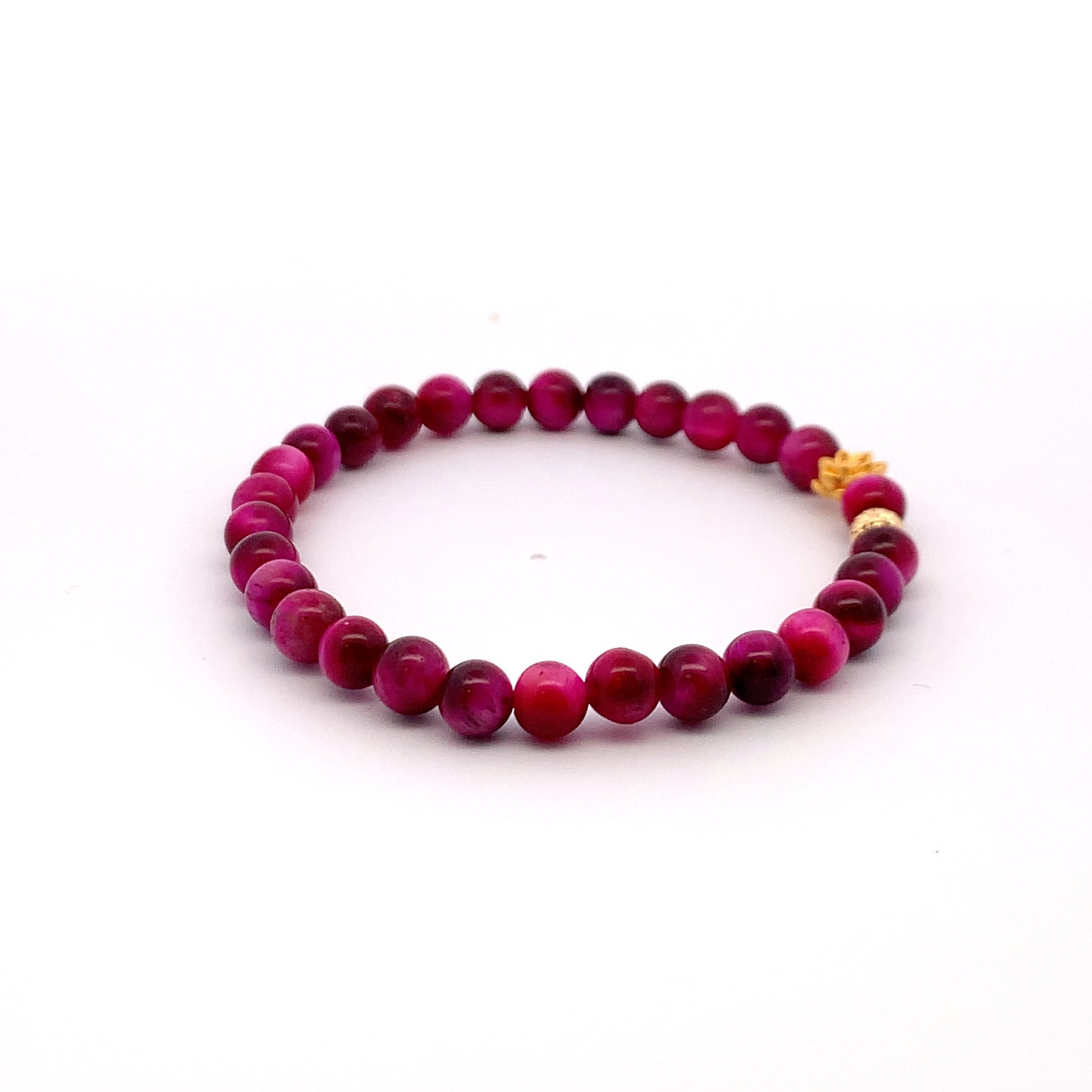 24K Gold Lotus Lucky Charm Bracelet Pink Tiger's Eye Gemstones 5-6mm - Rafant