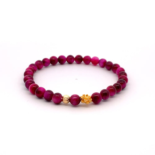 24K Gold Lotus Lucky Charm Bracelet Pink Tiger's Eye Gemstones 5-6mm - Rafant