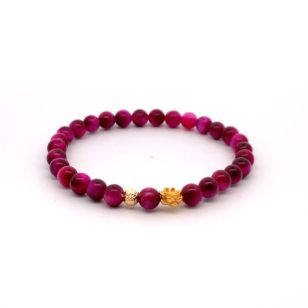24K Gold Lotus Lucky Charm Bracelet Pink Tiger's Eye Gemstones 5-6mm - Rafant