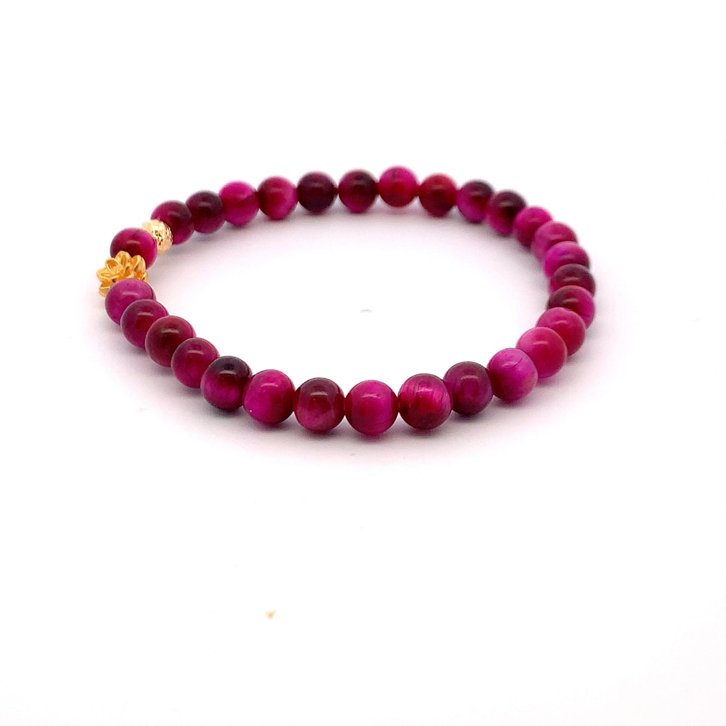 24K Gold Lotus Lucky Charm Bracelet Pink Tiger's Eye Gemstones 5-6mm - Rafant