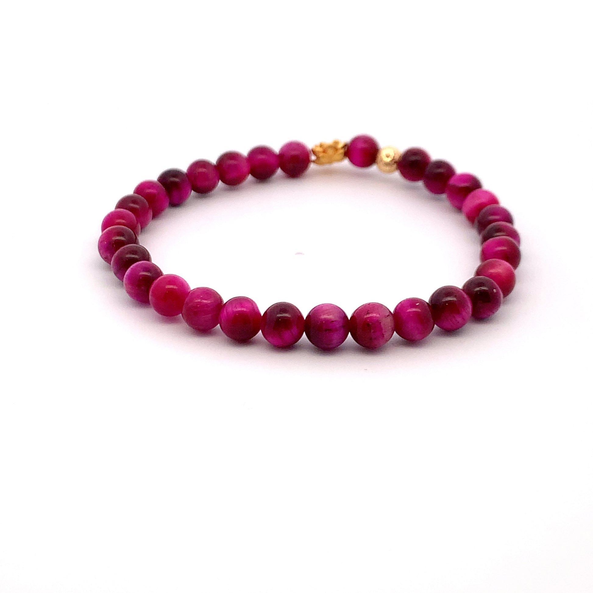 24K Gold Lotus Lucky Charm Bracelet Pink Tiger's Eye Gemstones 5-6mm - Rafant