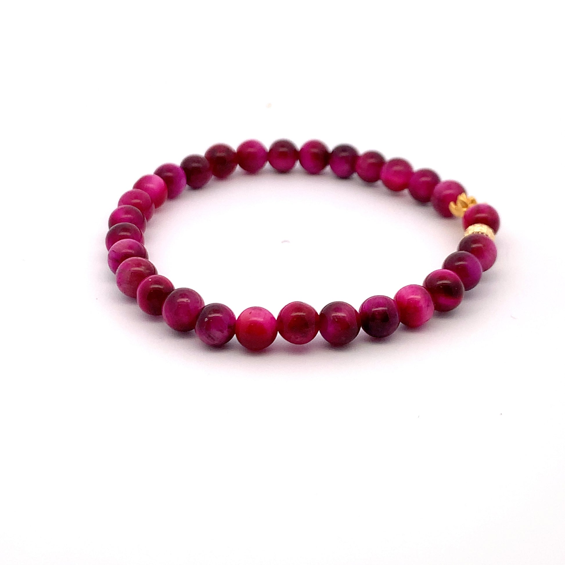 24K Gold Lotus Lucky Charm Bracelet Pink Tiger's Eye Gemstones 5-6mm - Rafant