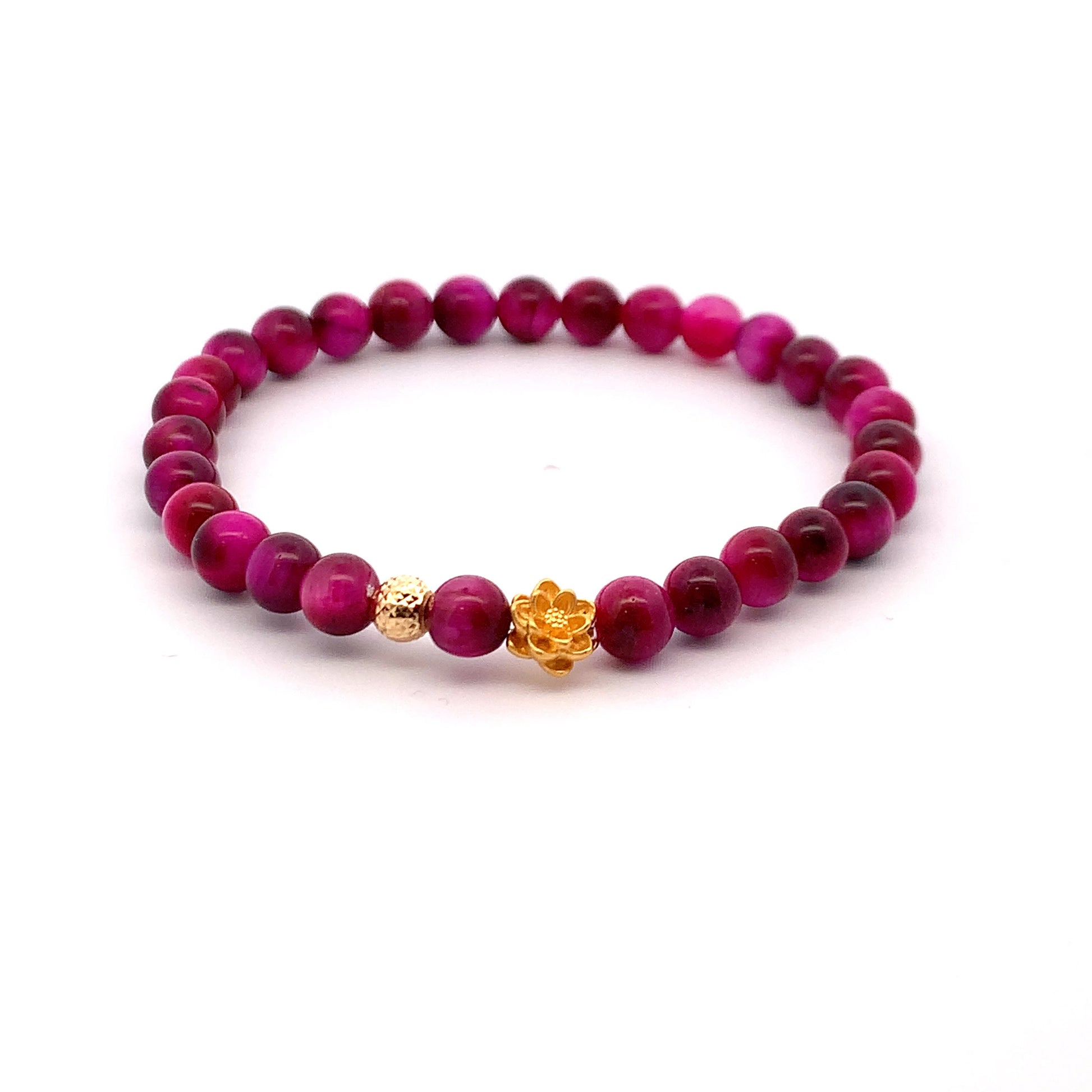 24K Gold Lotus Lucky Charm Bracelet Pink Tiger's Eye Gemstones 5-6mm - Rafant