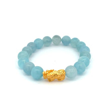 Load image into Gallery viewer, 24K Gold Piyao Pixiu Lucky Charm Bracelet Gemstones Aquamarine Light Blue 9-10mm - Rafant
