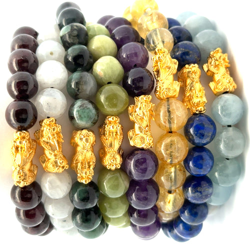 24K Gold  Lucky Charm Piyao Pixiu Bracelet Natural Gemstones Birthstones Feng Shui - Rafant