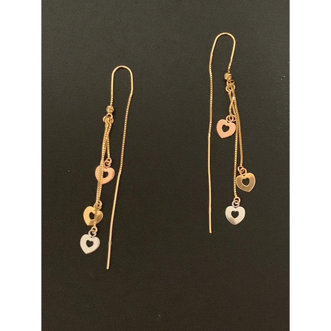 18K Gold Earrings Dangle Threader  Hearts 3.03 grams Tricolor - Rafant