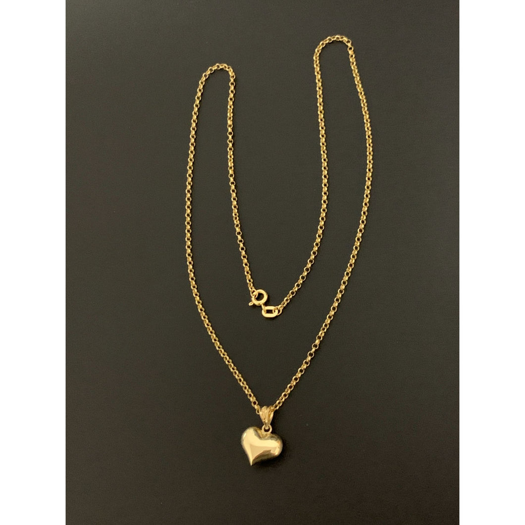 18K Gold Necklace Chain Rolo 17.75 inches with Puffed Heart Pendant 2.25 grams - Rafant