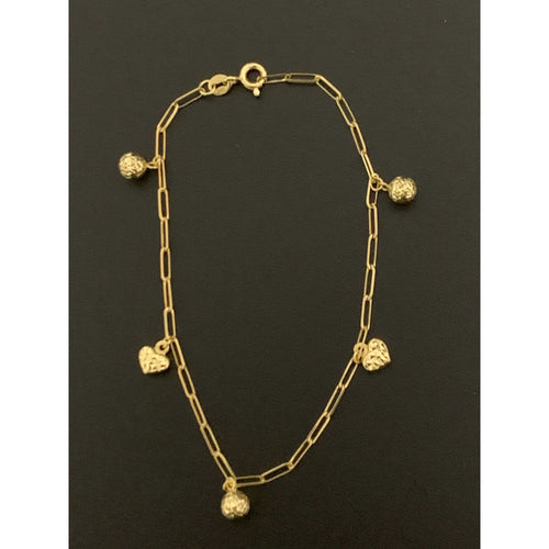18K Gold Bracelet Paperclips 7.25 inches with Ball Heart Charms 2.25 grams - Rafant