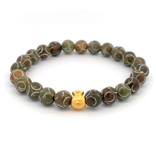 24K Gold Money Bag Lucky Charm Bracelet Gemstones Brown Multicolor Carved Jade 7.5-8mm - Rafant
