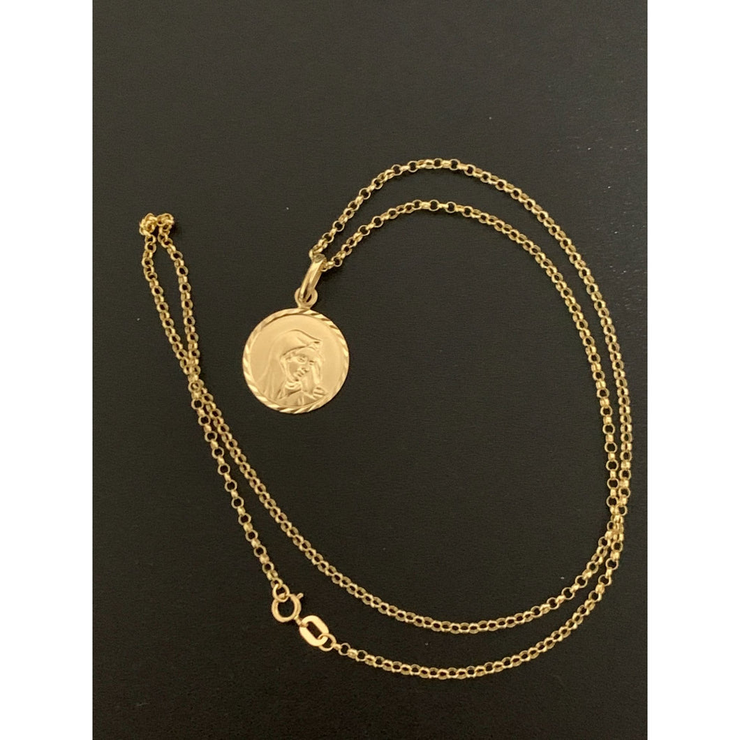 18K Gold Necklace  Rolo Chain 17.50 inches with Mother Mary Round Pendant 2.35 grams - Rafant