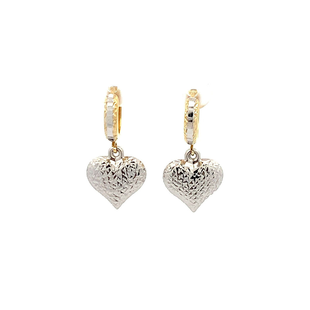 18K Gold Earrings Puffed Heart Dangle White Yellow Gold - Rafant