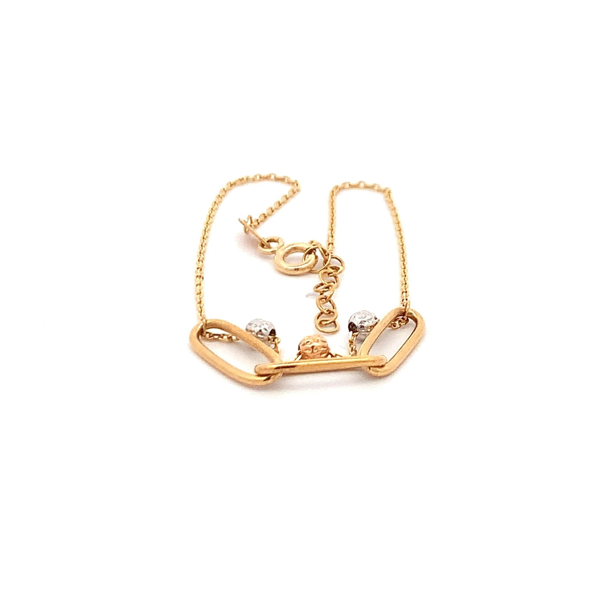 18K Gold Bracelet Cable Chain White Rose Yellow Gold Beads S 6.5 inches 0.5" extension 2.39 grams - Rafant