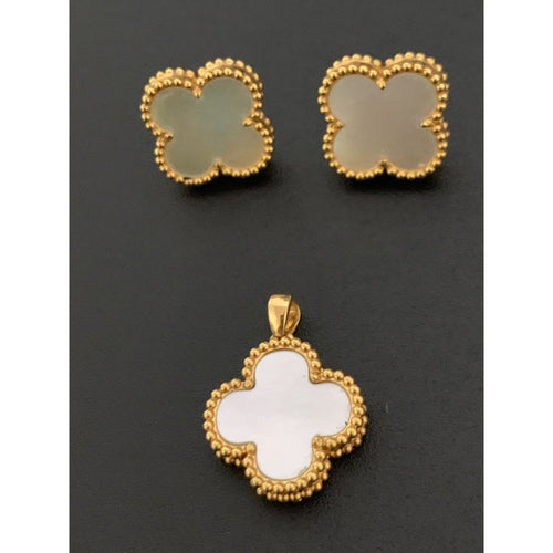 18K Gold Earrings Pendant Clover Flower White Mother of Pearl 3.59 grams - Rafant