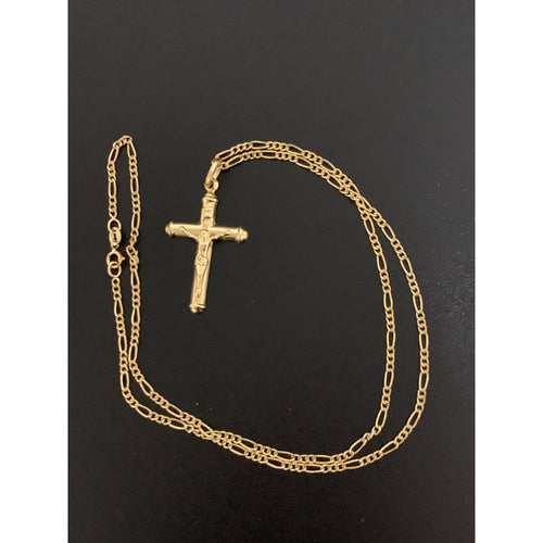 18K Gold Necklace Chain Figaro 17.75 inches with Cross Pendant 2.88 grams - Rafant