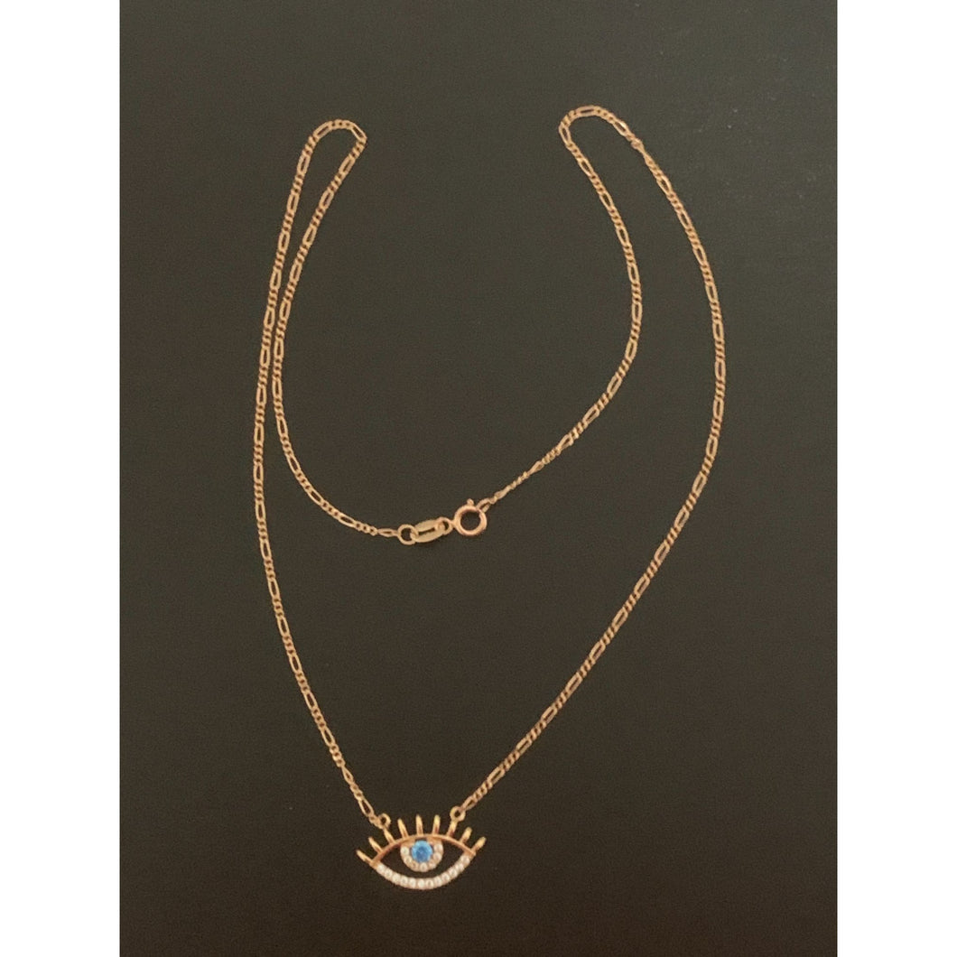 18K Gold Necklace Chain Evil Eye Cubic Zirconia 16 inches Rose Gold 1.83 grams - Rafant