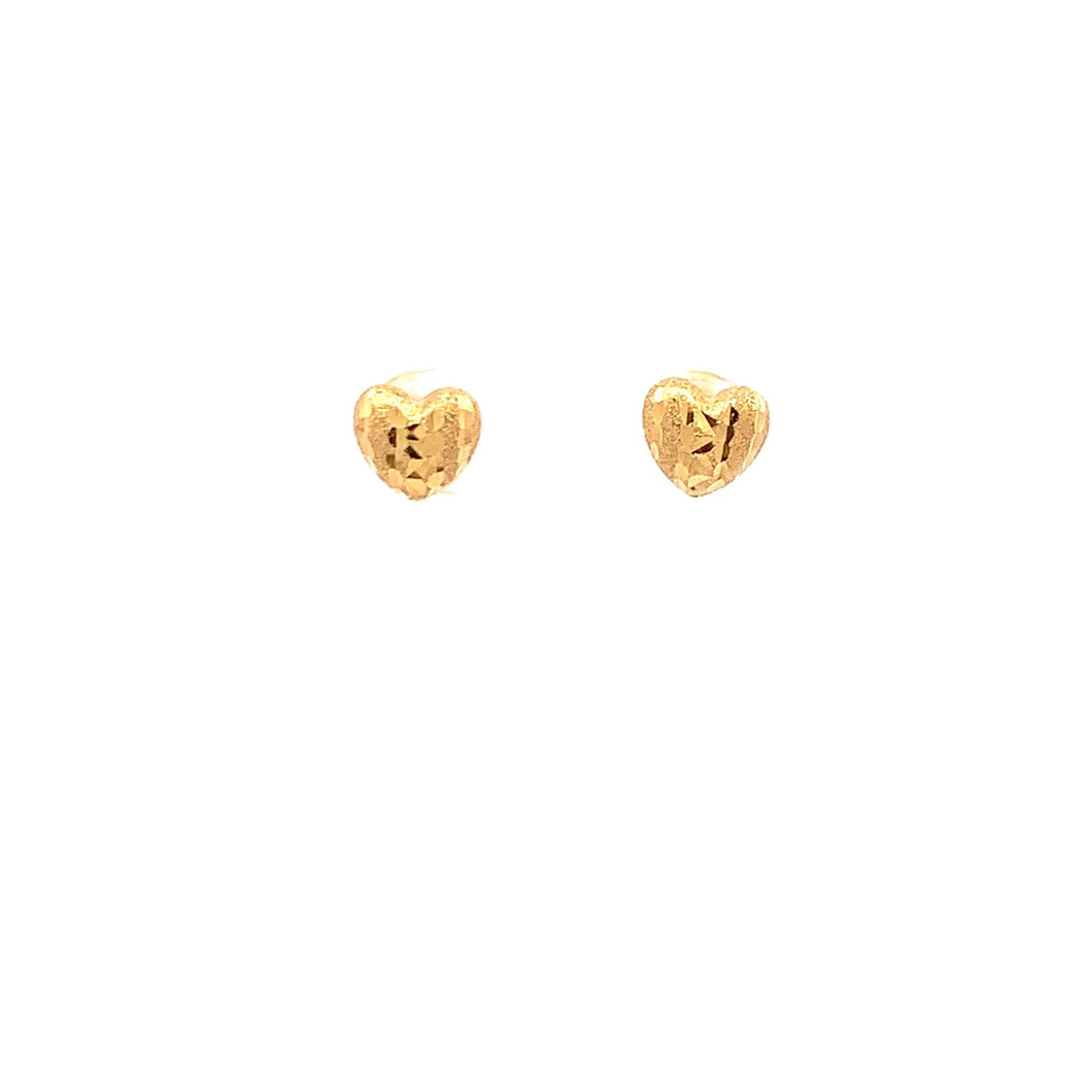 18K Yellow Gold Earrings Heart Stud Textured Small 1.04 grams - Rafant