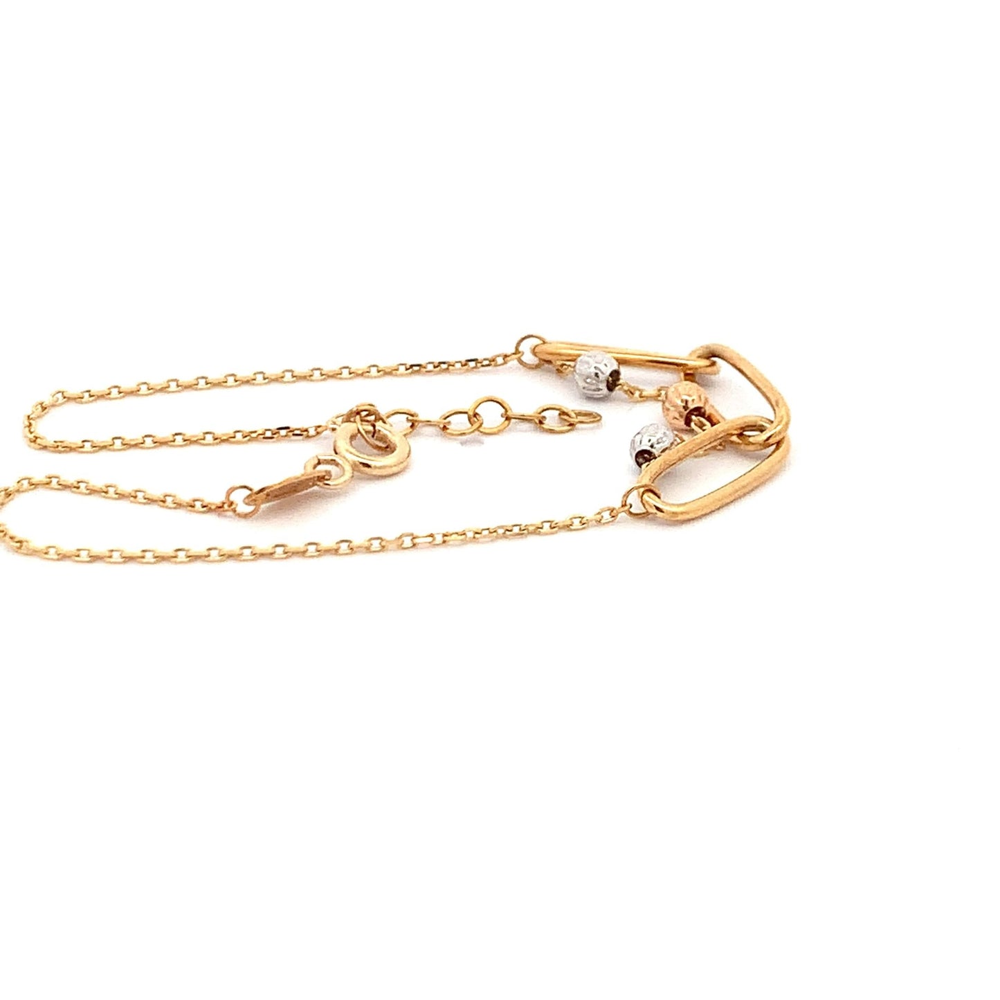 18K Gold Bracelet Cable Chain White Rose Yellow Gold Beads S 6.5 inches 0.5" extension 2.39 grams - Rafant