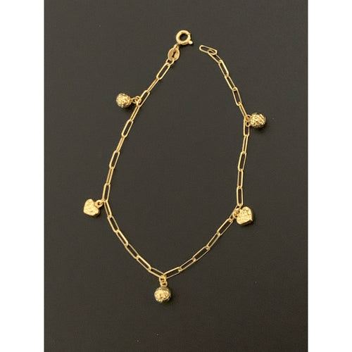 18K Gold Bracelet Paperclips 7.25 inches with Heart Ball Charms 2.21 grams - Rafant