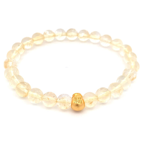 24K Gold Money Bag Lucky Charm Bracelet Gemstones Citrine 7.5-8mm - Rafant