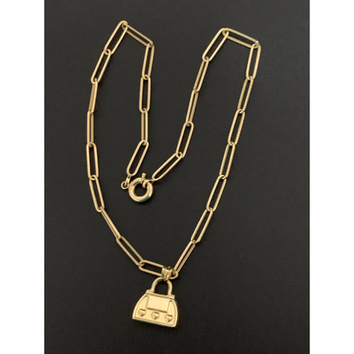 18K Gold Necklace Chain 16 inches Paperclip and Bag Pendant 6.58 grams - Rafant