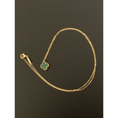 18K Gold Necklace Chain 16.50 inches with Malachite Clover Pendant 2.15 grams - Rafant