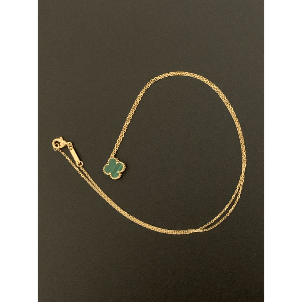 18K Gold Necklace Chain 16.50 inches with Malachite Clover Pendant 2.15 grams - Rafant