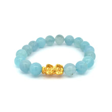 Load image into Gallery viewer, 24K Gold Piyao Pixiu Lucky Charm Bracelet Gemstones Aquamarine Light Blue 9-10mm - Rafant
