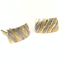 Load image into Gallery viewer, New Real 18K Saudi Two Tone Gold Stud Striped Rectangle Earrings Lightweight - Rafant
