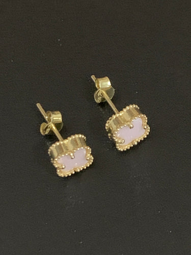 18K Gold Light Pink Mother of Pearl Four Leaf Clover Stud Earrings - Rafant