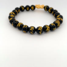 Load image into Gallery viewer, 24K Gold Piyao Pixiu Lucky Charm Dragon Bracelet Onyx Gemstones 8mm - Rafant

