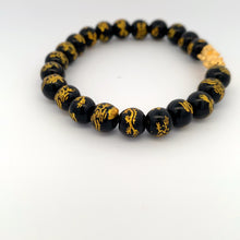 Load image into Gallery viewer, 24K Gold Piyao Pixiu Lucky Charm Dragon Bracelet Onyx Gemstones 8mm - Rafant

