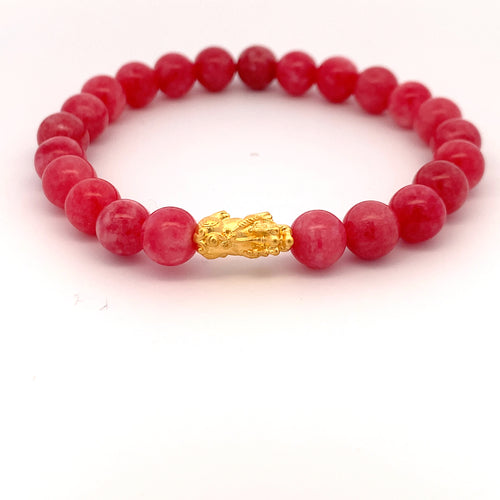 24K Gold Piyao Pixiu Lucky Charm Bracelet Pink Agate Gemstones 8mm - Rafant