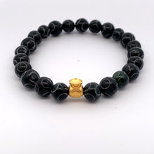 Load image into Gallery viewer, 24K Gold Money Bag Lucky Charm Bracelet Gemstones Natural Black Carved Jade 7-8mm - Rafant
