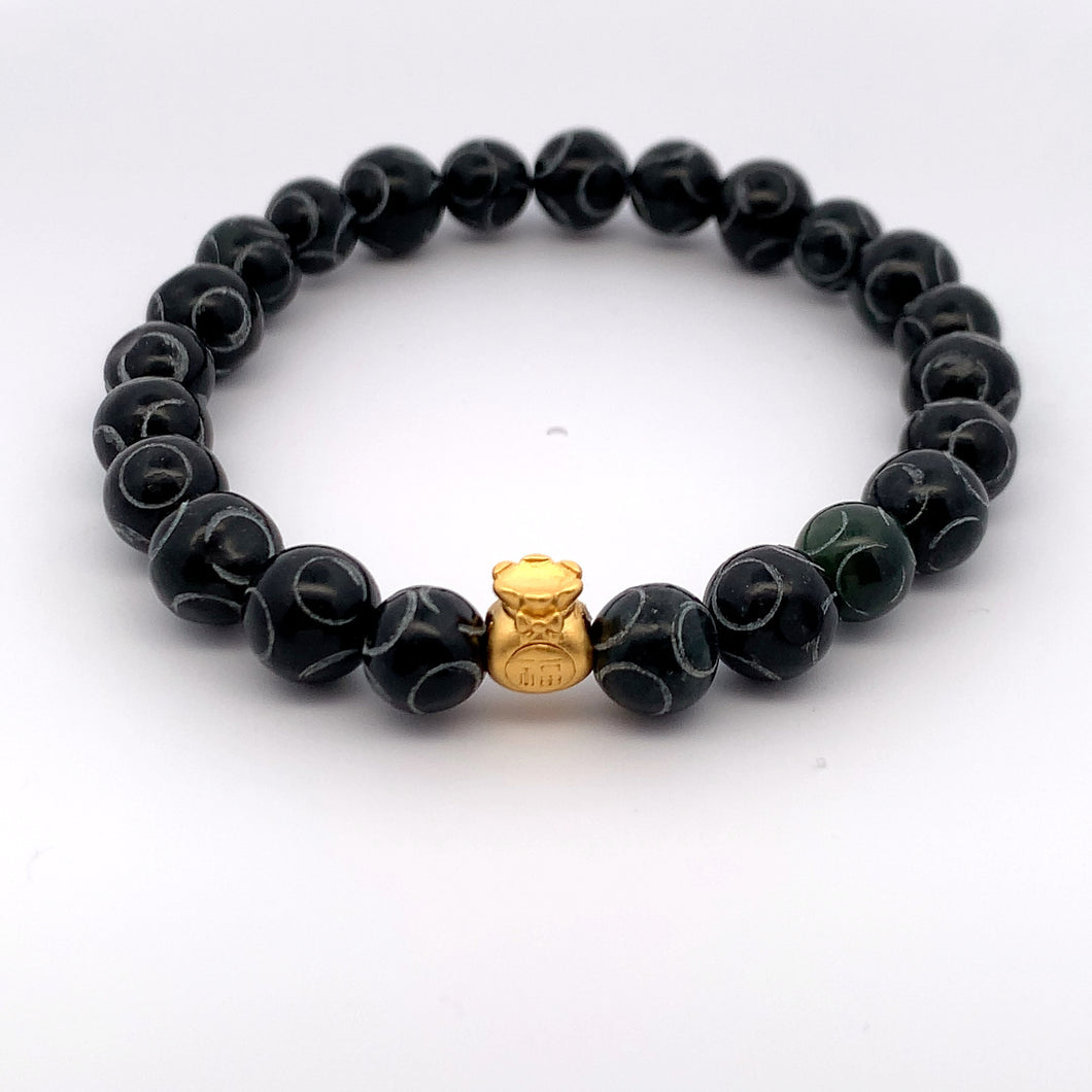 24K Gold Money Bag Lucky Charm Bracelet Gemstones Natural Black Carved Jade 7-8mm - Rafant