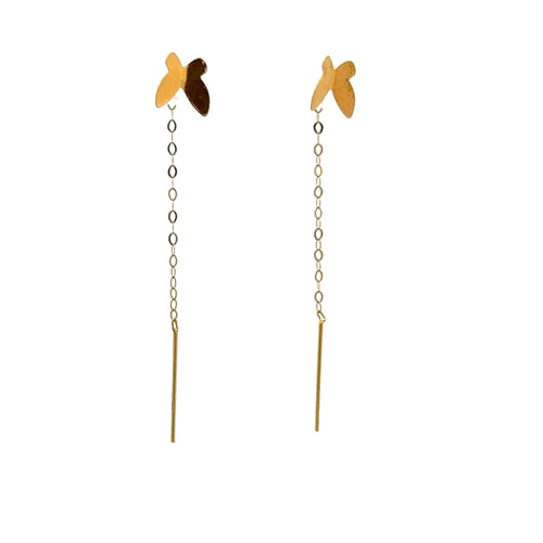 18K Gold Earrings Butterfly Threader Very Tiny 0.24 grams - Rafant