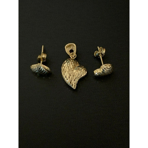 18K Saudi Gold Stud Heart Earrings Puffed Heart Pendant Set - Rafant