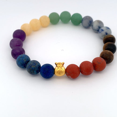 24K Gold Money Bag Lucky Charm Bracelet Gemstones Natural Multicolor Chakra Matte 8mm - Rafant