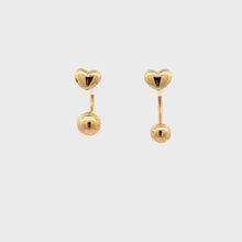 Load and play video in Gallery viewer, 18K Yellow Gold Earrings Hoops Hearts Dangle 1.36 grams Mismatch Different Sizes
