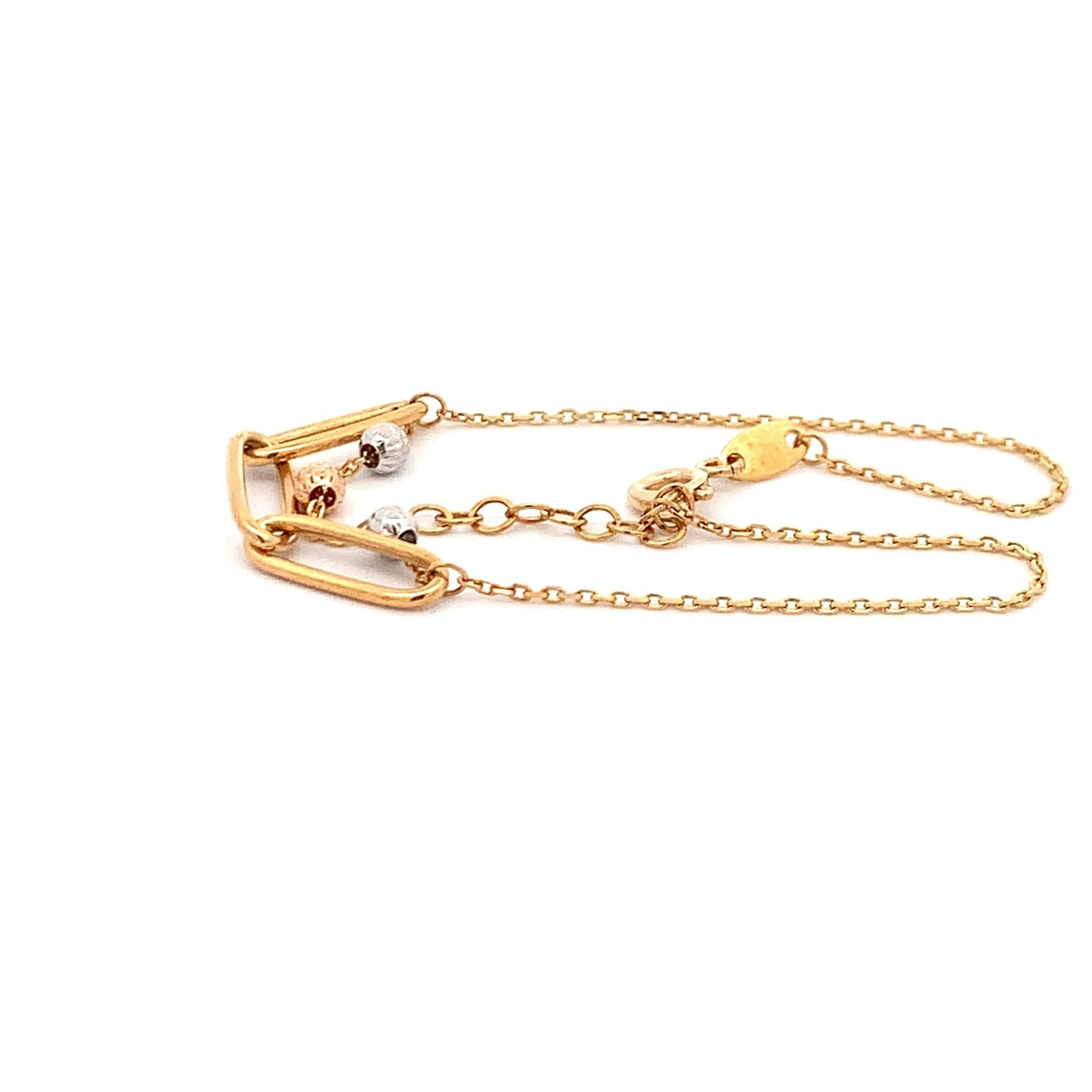 18K Gold Bracelet Cable Chain White Rose Yellow Gold Beads S 6.5 inches 0.5" extension 2.39 grams - Rafant