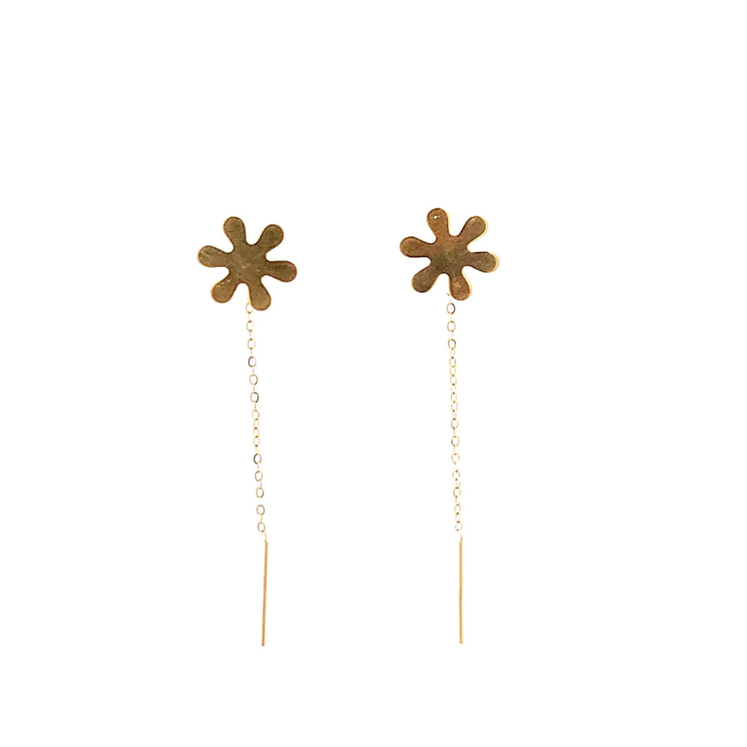 18K Yellow Gold Earrings Threader Drop Snowflakes 0.33 grams 1.5 inches Very tiny - Rafant