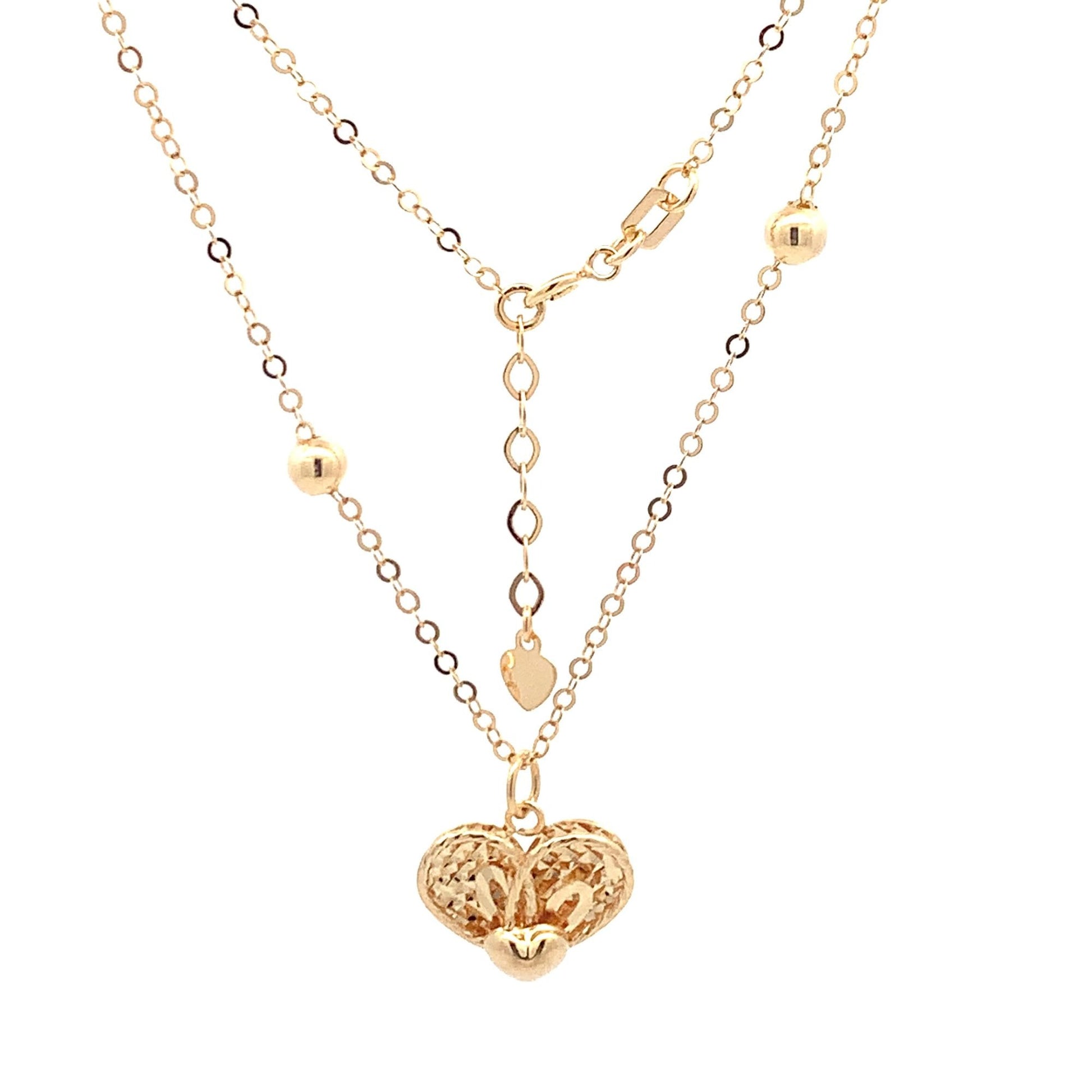 18K Yellow Gold Necklace Chain 16.75 " plus one inch extension Pendant Heart Beads 3.32 grams - Rafant